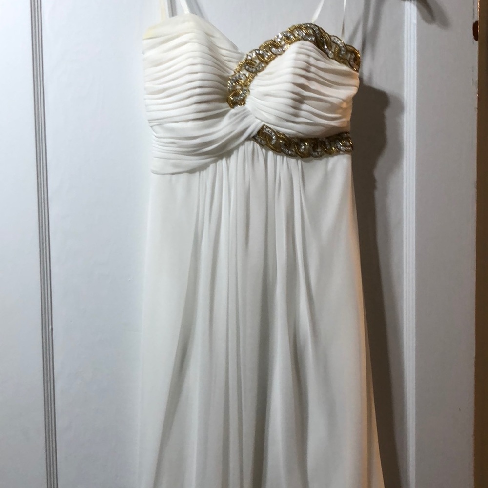 White and gold strapless dress